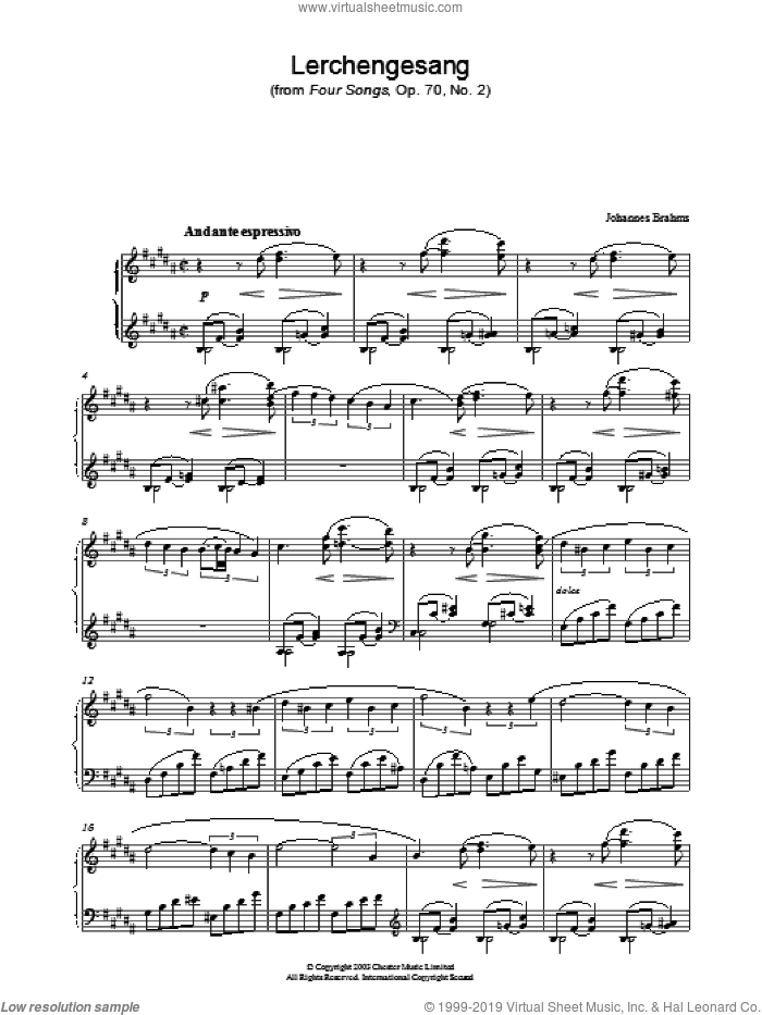 Lerchengesang (from Four Songs, Op. 70, No. 2) sheet music for piano solo by Johannes Brahms, classical score, intermediate skill level