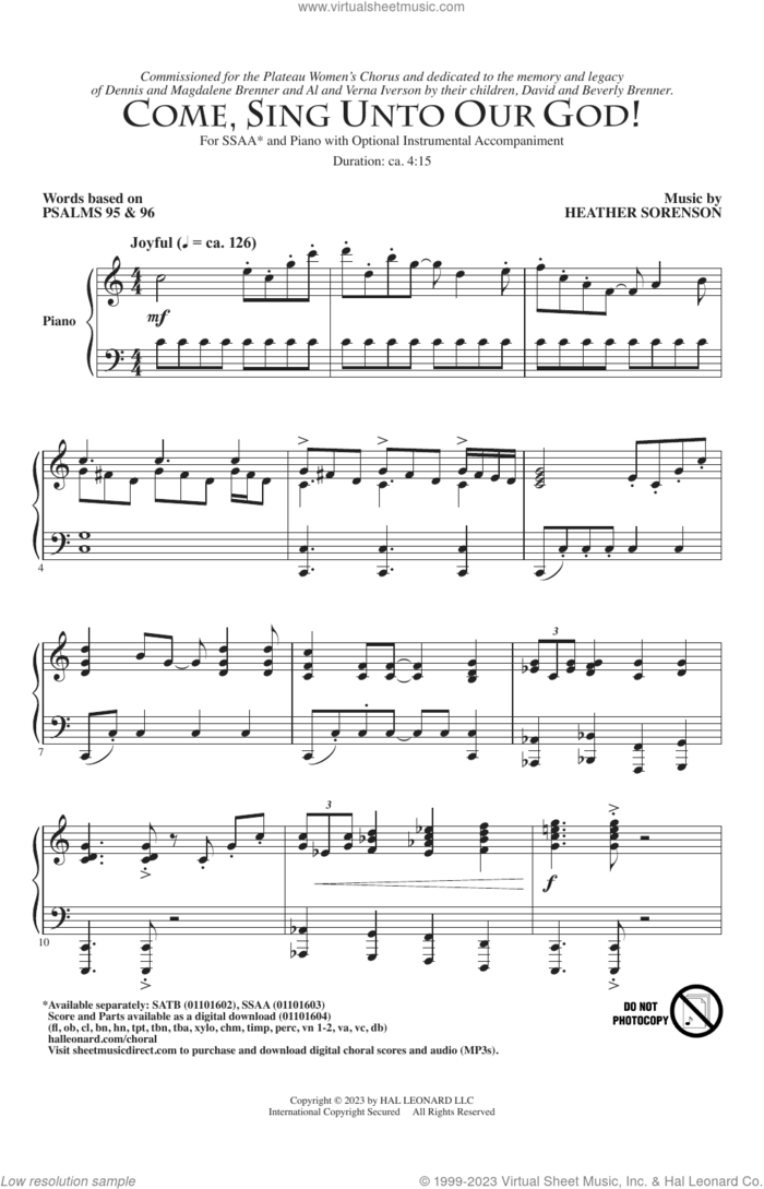 Come, Sing Unto Our God! sheet music for choir (SSAA: soprano, alto) by Heather Sorenson and Psalms 95 and 96, intermediate skill level