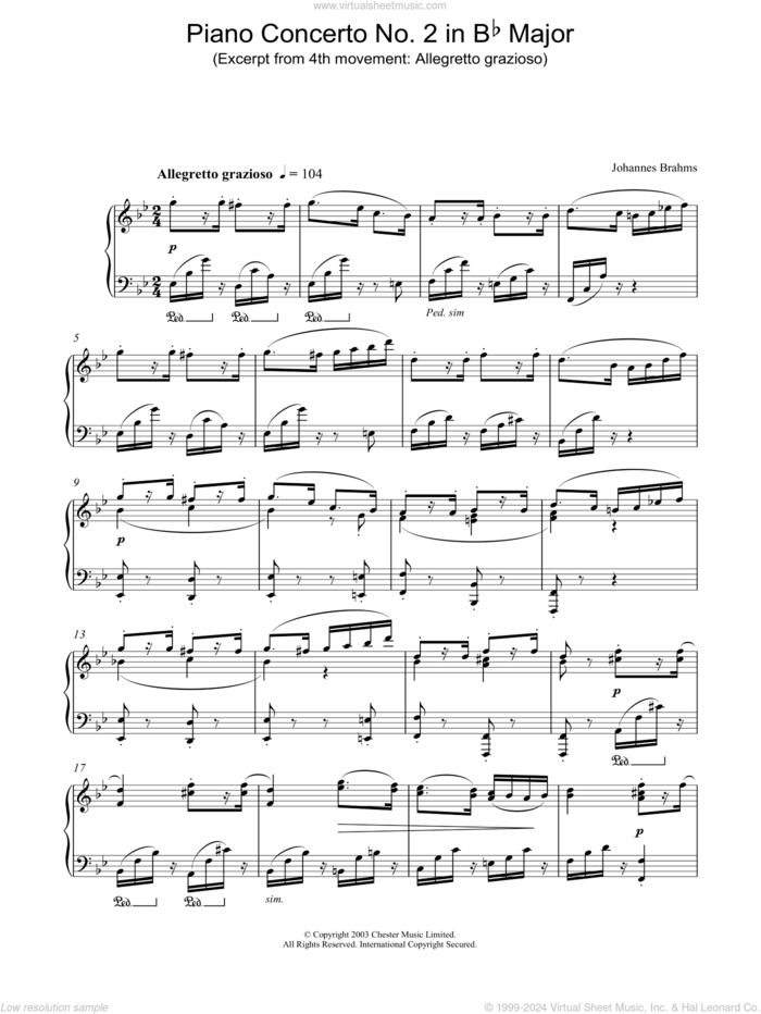 Piano Concerto No. 2 in Bb Major (Excerpt from 4th movement: Allegretto grazioso) sheet music for piano solo by Johannes Brahms, classical score, intermediate skill level