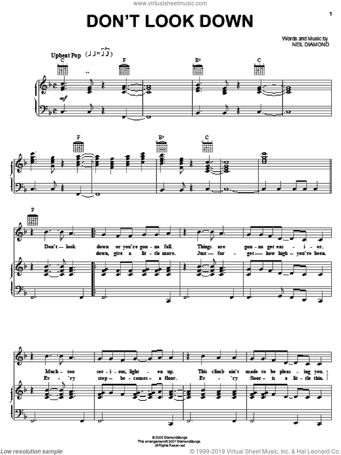 Don't Look Down sheet music for voice, piano or guitar by Neil Diamond, intermediate skill level