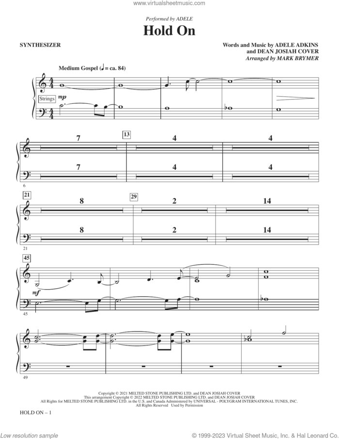Hold On (arr. Mark Brymer) (complete set of parts) sheet music for orchestra/band (Rhythm) by Mark Brymer, Adele, Adele Adkins and Dean Josiah Cover, intermediate skill level