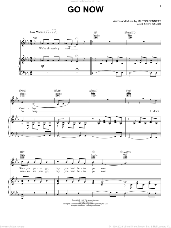 Go Now sheet music for voice, piano or guitar by Bessie Banks, The Moody Blues, Larry Banks and Milton Bennett, intermediate skill level
