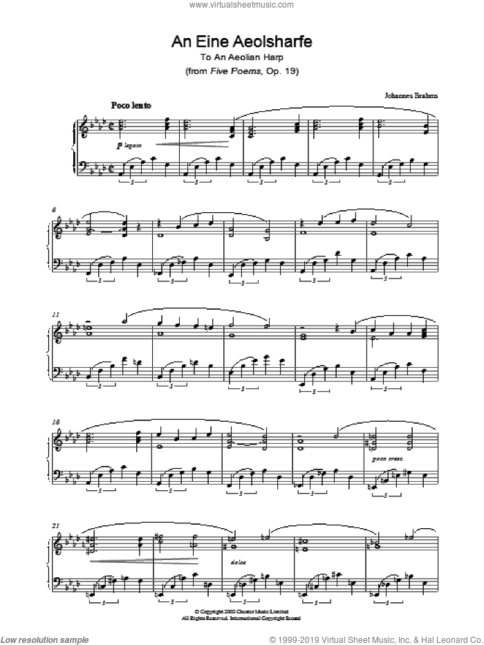 An Eine Aeolsharfe (from Five Poems, Op. 19) sheet music for piano solo by Johannes Brahms, classical score, intermediate skill level