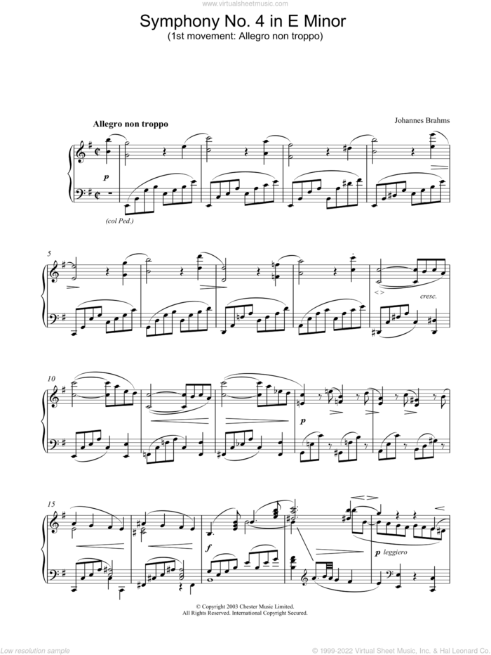 Symphony No. 4 in E Minor (1st movement: Allegro non troppo) sheet music for piano solo by Johannes Brahms, classical score, intermediate skill level