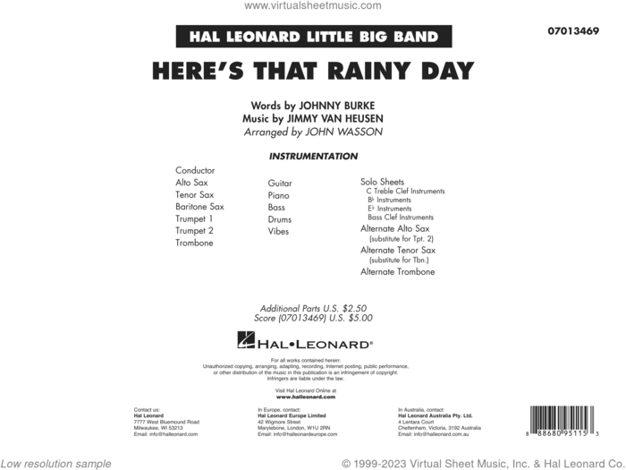 Here's That Rainy Day (arr. John Wasson) (COMPLETE) sheet music for jazz band by Jimmy Van Heusen, John Burke, John Wasson and Johnny Burke and Jimmy Van Heusen, intermediate skill level