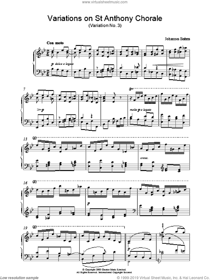 Variations on St Anthony Chorale (Variation No. 3) sheet music for piano solo by Johannes Brahms, classical score, intermediate skill level