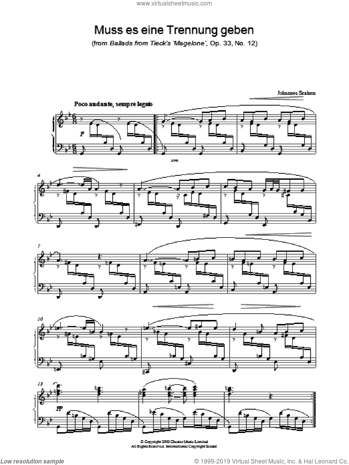 Muss es eine Trennung geben (from Ballads from Tieck's 'Magelone', Op. 33, No. 12) sheet music for piano solo by Johannes Brahms, classical score, intermediate skill level