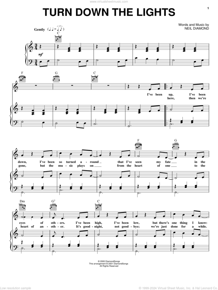 Turn Down The Lights sheet music for voice, piano or guitar by Neil Diamond, intermediate skill level