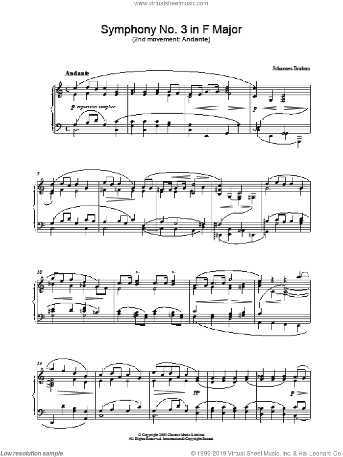 Symphony No. 3 in F Major (2nd movement: Andante) sheet music for piano solo by Johannes Brahms, classical score, intermediate skill level