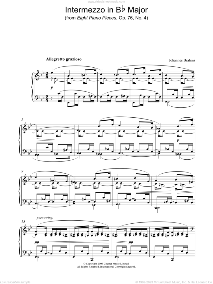 Intermezzo in Bb Major (from Eight Piano Pieces, Op. 76, No. 4) sheet music for piano solo by Johannes Brahms, classical score, intermediate skill level