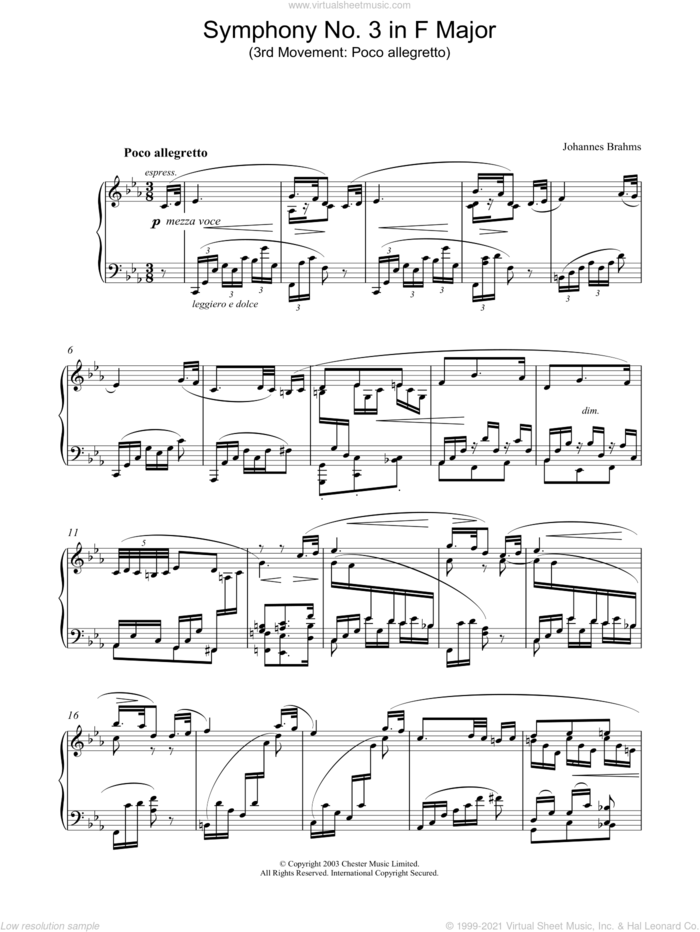 Symphony No. 3 in F Major (3rd movement: Poco allegretto) sheet music for piano solo by Johannes Brahms, classical score, intermediate skill level