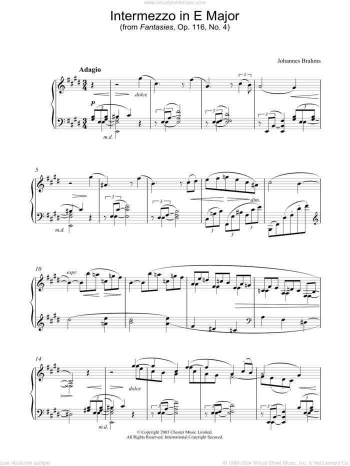 Intermezzo in E Major (from Fantasies, Op. 116, No. 4) sheet music for piano solo by Johannes Brahms, classical score, intermediate skill level