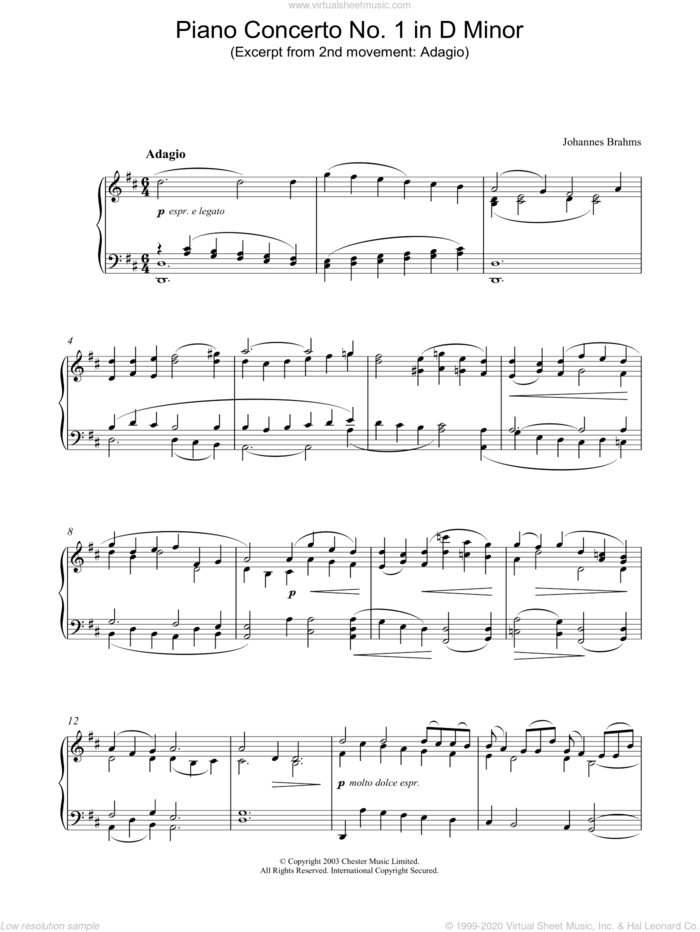 Piano Concerto No. 1 in D Minor (Excerpt from 2nd movement: Adagio) sheet music for piano solo by Johannes Brahms, classical score, intermediate skill level