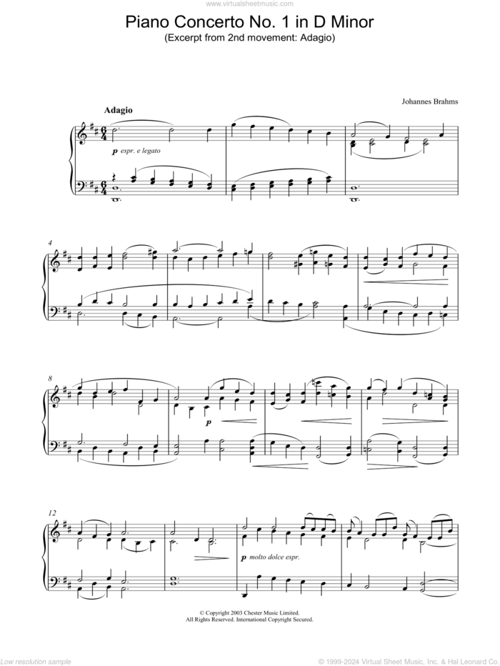 Piano Concerto No. 1 in D Minor (Excerpt from 2nd movement: Adagio) sheet music for piano solo by Johannes Brahms, classical score, intermediate skill level