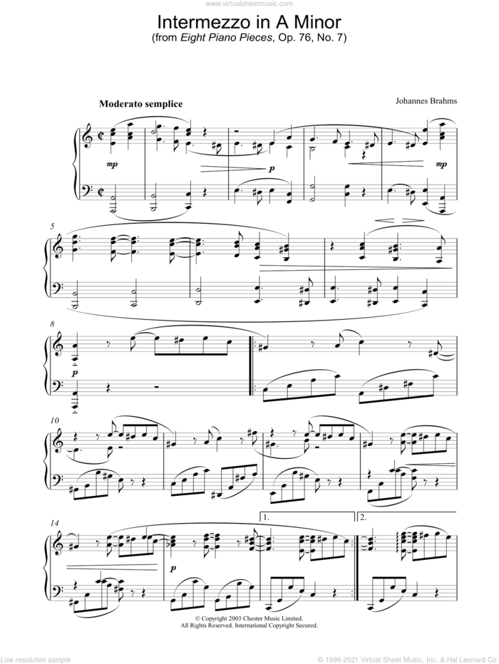 Intermezzo in A Minor (from Eight Piano Pieces, Op. 76, No. 7) sheet music for piano solo by Johannes Brahms, classical score, intermediate skill level