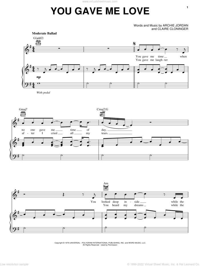 You Gave Me Love sheet music for voice, piano or guitar by B.J. Thomas, Archie Jordan and Claire Cloninger, intermediate skill level