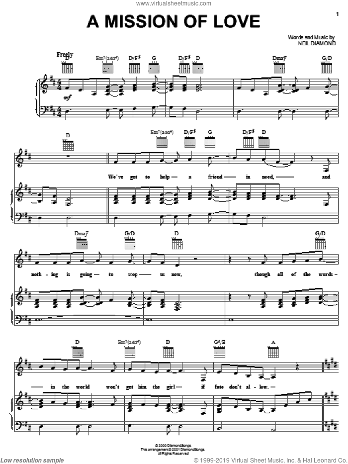 A Mission Of Love sheet music for voice, piano or guitar by Neil Diamond, intermediate skill level