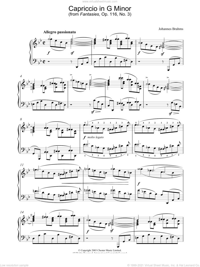 Capriccio in G Minor (from Fantasies, Op. 116, No. 3) sheet music for piano solo by Johannes Brahms, classical score, intermediate skill level