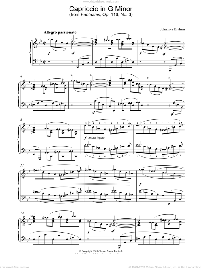 Capriccio in G Minor (from Fantasies, Op. 116, No. 3) sheet music for piano solo by Johannes Brahms, classical score, intermediate skill level