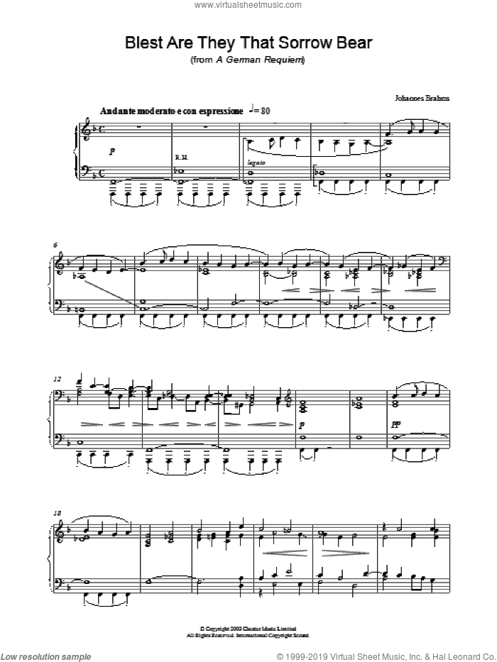 Blest Are They That Sorrow Bear (from A German Requiem) sheet music for piano solo by Johannes Brahms, classical score, intermediate skill level