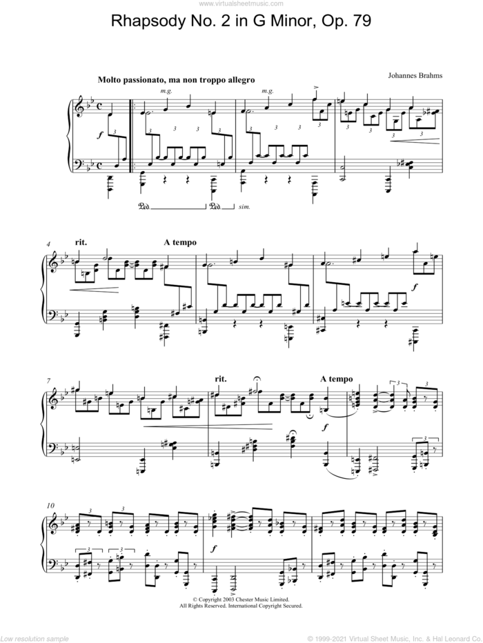Rhapsody No. 2 in G Minor, Op. 79 sheet music for piano solo by Johannes Brahms, classical score, intermediate skill level