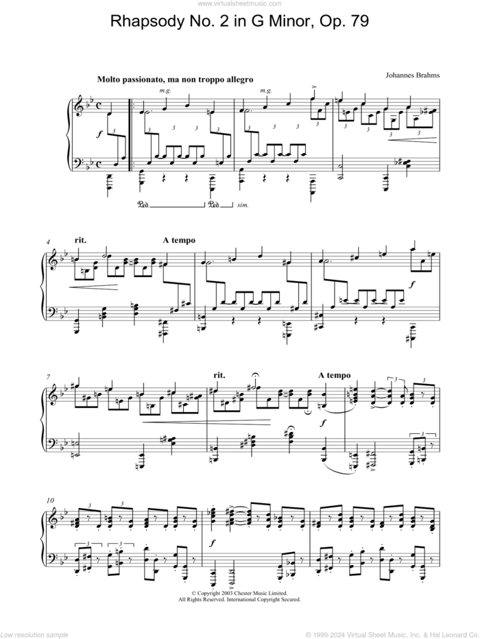 Rhapsody No. 2 in G Minor, Op. 79 sheet music for piano solo by Johannes Brahms, classical score, intermediate skill level