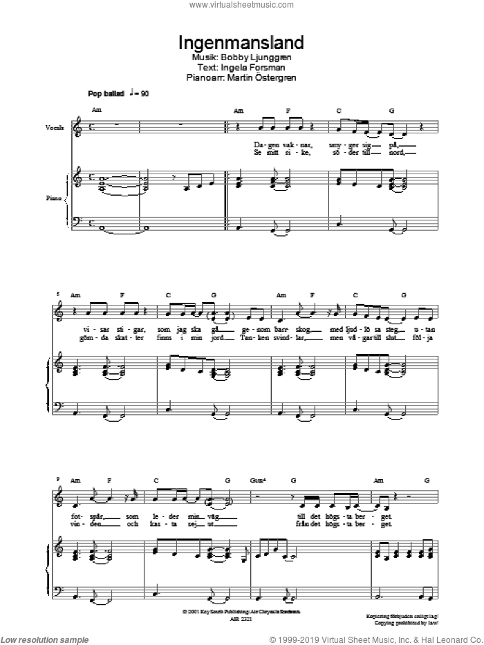 Ingenmansland sheet music for voice, piano or guitar by Jan Johansen, intermediate skill level