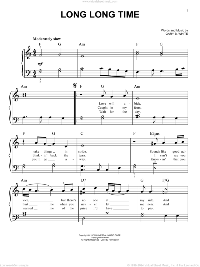 Long Long Time sheet music for piano solo by Linda Ronstadt, Mindy McCready and Gary B. White, easy skill level