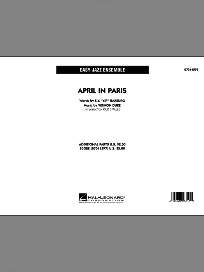 April in Paris (COMPLETE) sheet music for jazz band by E.Y. Harburg, Vernon Duke, Count Basie and Rick Stitzel, intermediate skill level