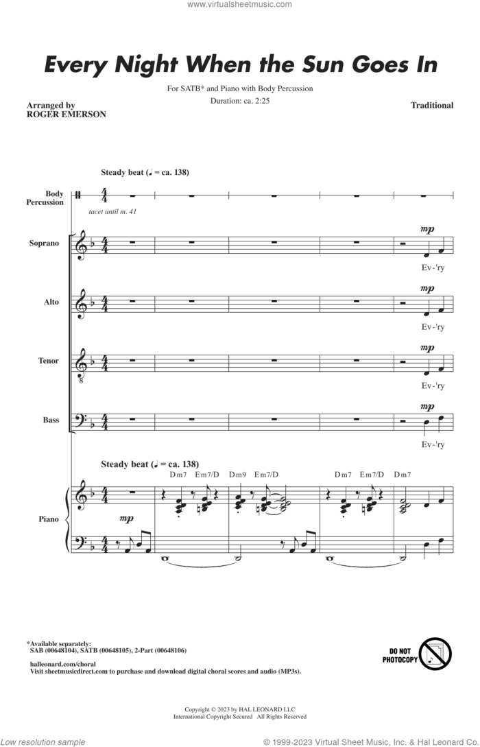 Every Night When The Sun Goes In (arr. Roger Emerson) sheet music for choir (SATB: soprano, alto, tenor, bass)  and Roger Emerson, intermediate skill level