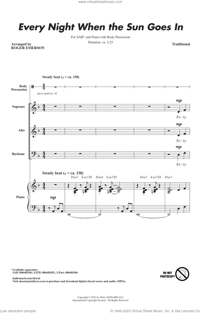 Every Night When The Sun Goes In (arr. Roger Emerson) sheet music for choir (SAB: soprano, alto, bass)  and Roger Emerson, intermediate skill level