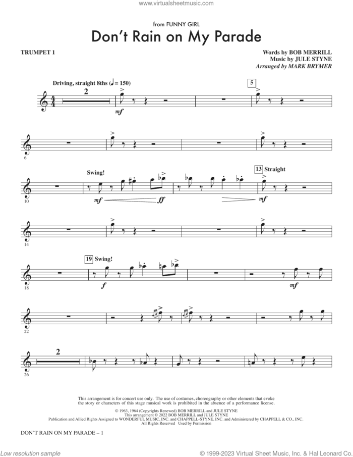 Don't Rain On My Parade (from Funny Girl) (arr. Mark Brymer) (complete set of parts) sheet music for orchestra/band (Instrumental Accompaniment) by Bob Merrill & Jule Styne, Bob Merrill, Jule Styne and Mark Brymer, intermediate skill level