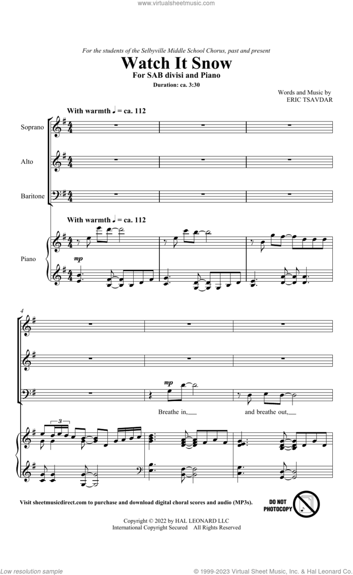 Watch It Snow sheet music for choir (SAB: soprano, alto, bass) by Eric Tsavdar, intermediate skill level