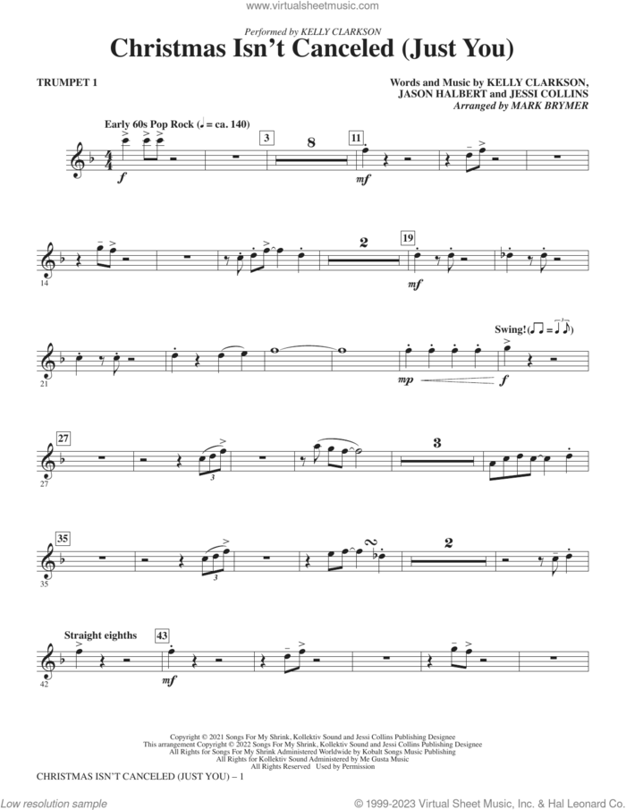 Christmas Isn't Canceled (Just You) (arr. Mark Brymer) (complete set of parts) sheet music for orchestra/band (Instrumental Accompaniment) by Mark Brymer, Jason Halbert, Jessi Collins and Kelly Clarkson, intermediate skill level