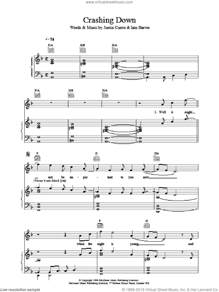 Crashing Down sheet music for voice, piano or guitar by Del Amitri, intermediate skill level