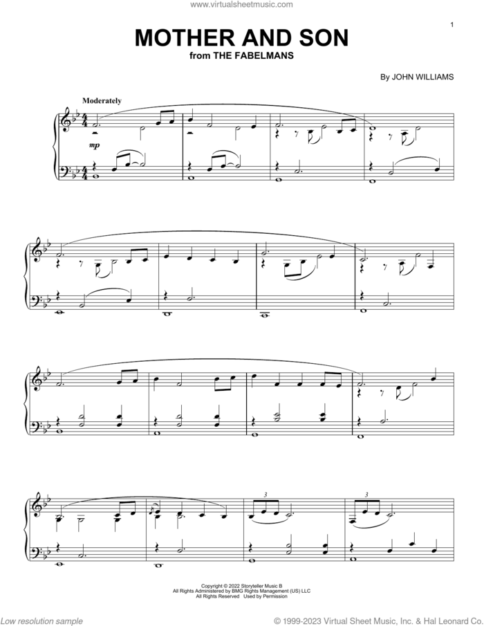 Mother And Son (from The Fabelmans) sheet music for piano solo by John Williams, intermediate skill level