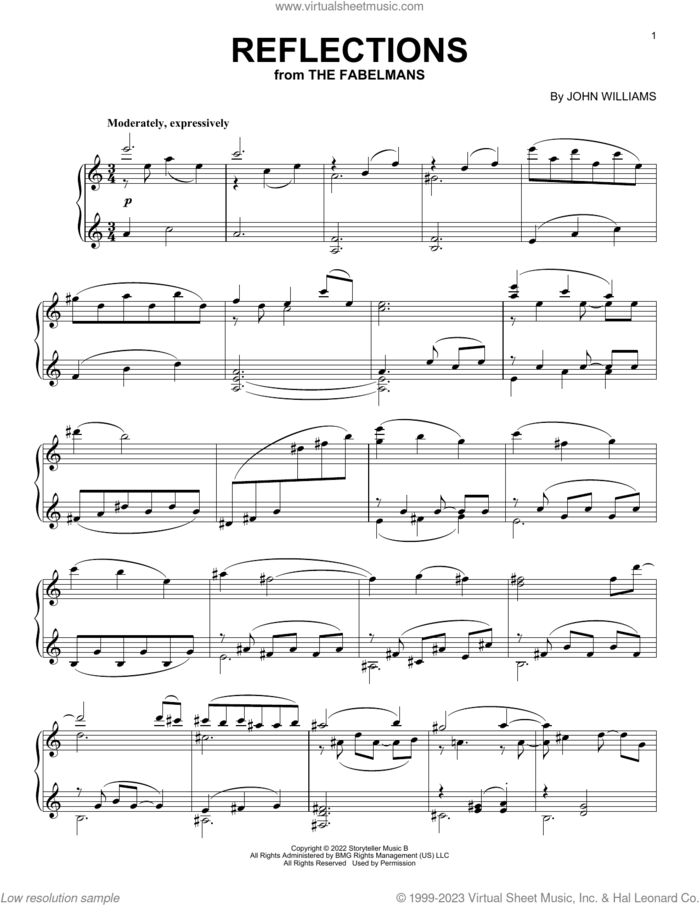 Reflections (from The Fabelmans) sheet music for piano solo by John Williams, intermediate skill level