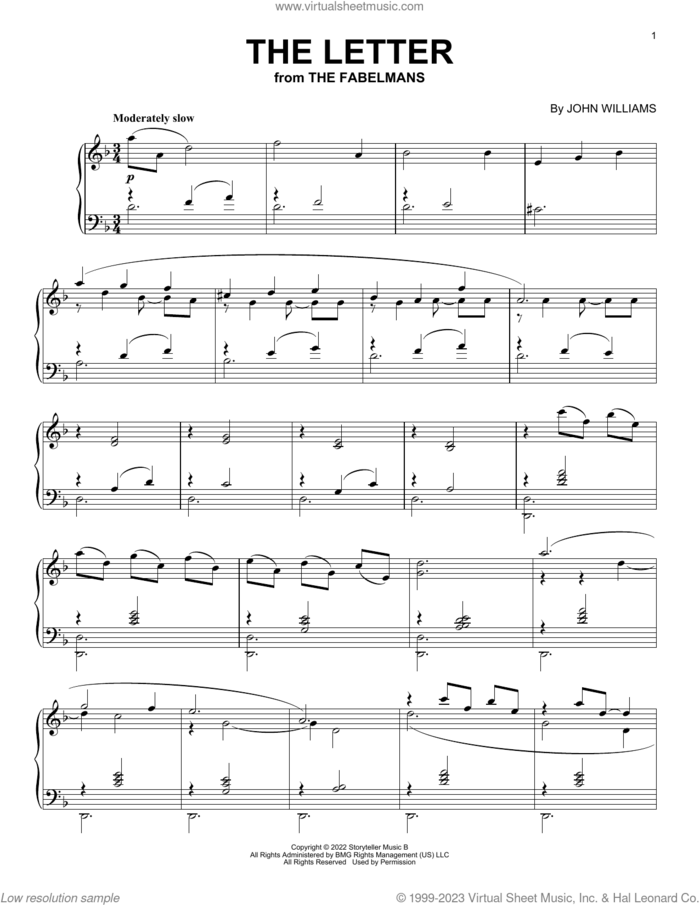The Letter (from The Fabelmans) sheet music for piano solo by John Williams, intermediate skill level