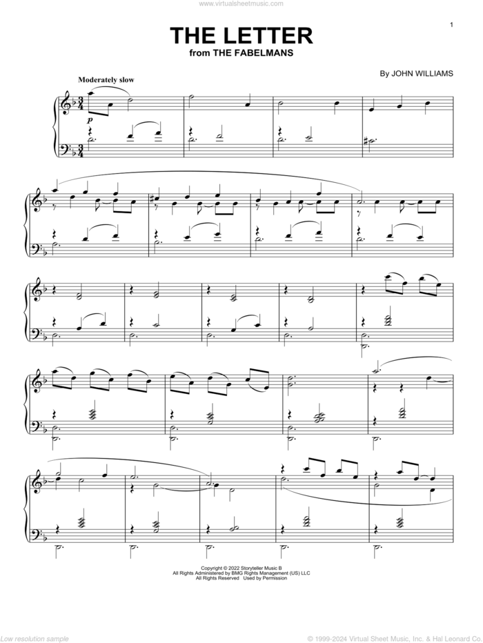 The Letter (from The Fabelmans) sheet music for piano solo by John Williams, intermediate skill level