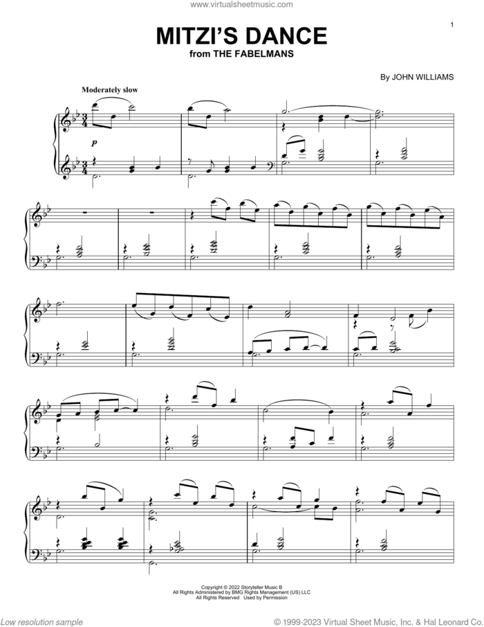 Mitzi's Dance (from The Fabelmans) sheet music for piano solo by John Williams, intermediate skill level