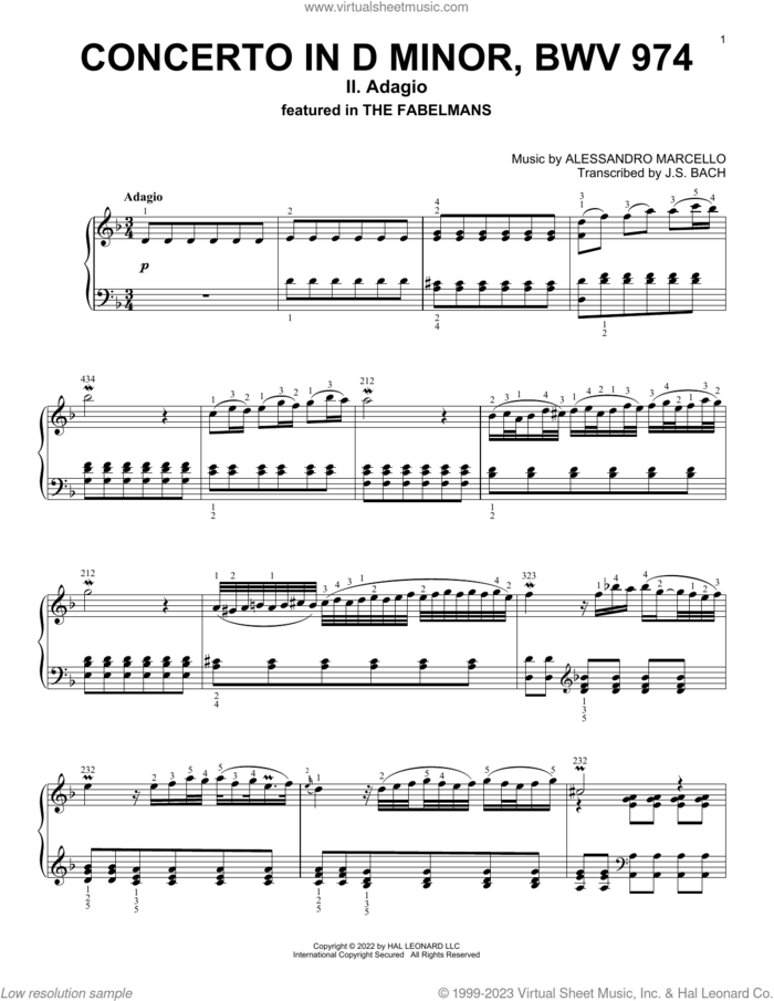 Concerto In D Minor, BWV 974 (II: Adagio) sheet music for piano solo by Alessandro Marcello and Johann Sebastian Bach, classical score, intermediate skill level