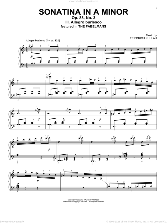 Allegro Burlesco, Sonatina In A Minor, Op. 88, No. 3 sheet music for piano solo by Friedrich Daniel Rudolf Kuhlau, classical score, intermediate skill level