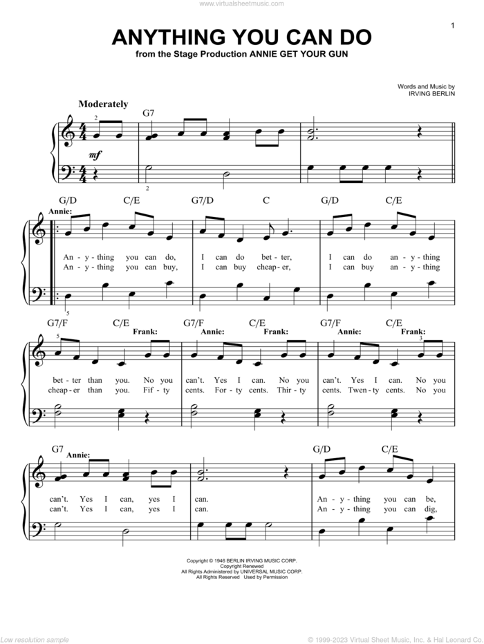 Anything You Can Do (from Annie Get Your Gun) sheet music for piano solo by Irving Berlin, beginner skill level