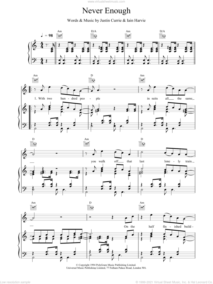 Never Enough sheet music for voice, piano or guitar by Del Amitri, intermediate skill level