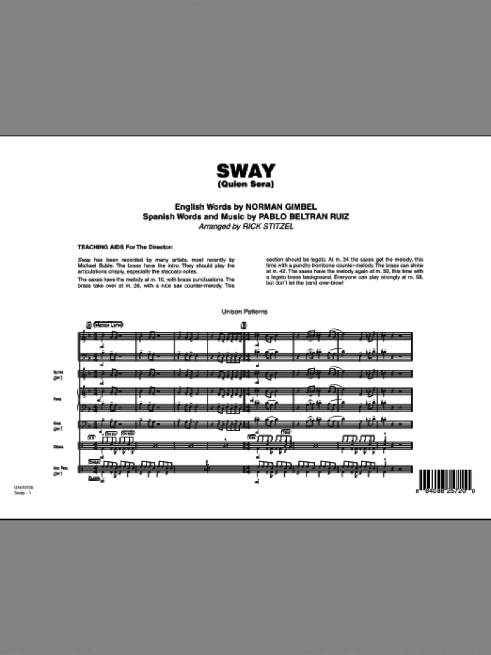 Sway (Quien Sera) (COMPLETE) sheet music for jazz band by Norman Gimbel, Pablo Beltran Ruiz and Rick Stitzel, intermediate skill level