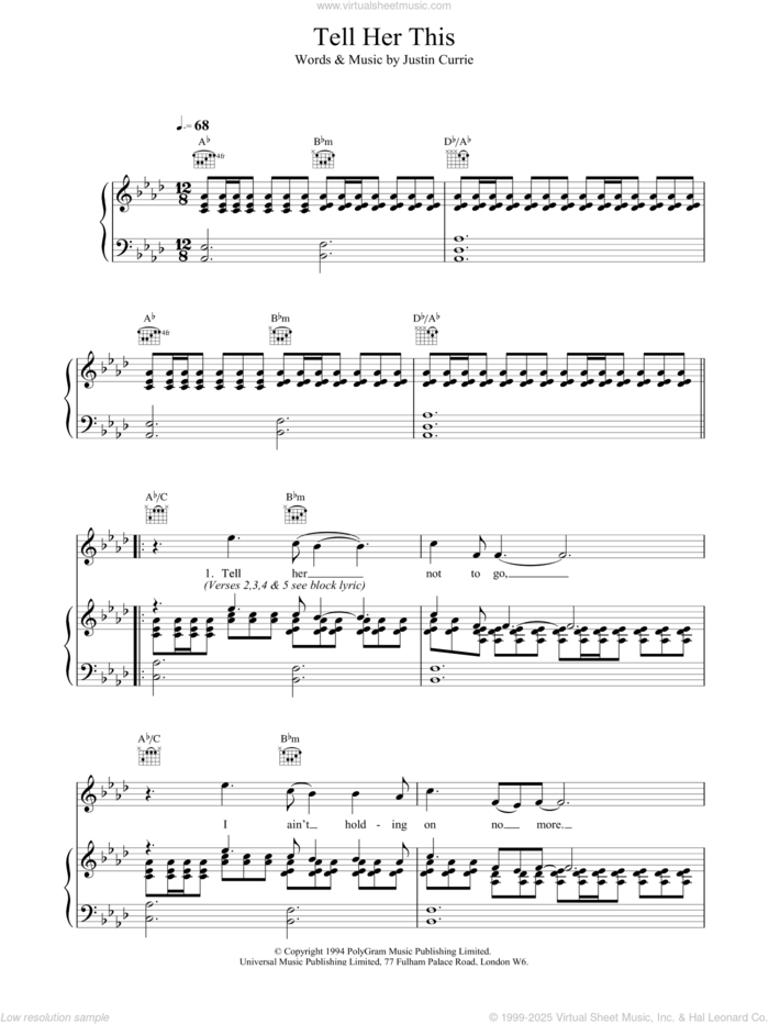 Tell Her This sheet music for voice, piano or guitar by Del Amitri, intermediate skill level