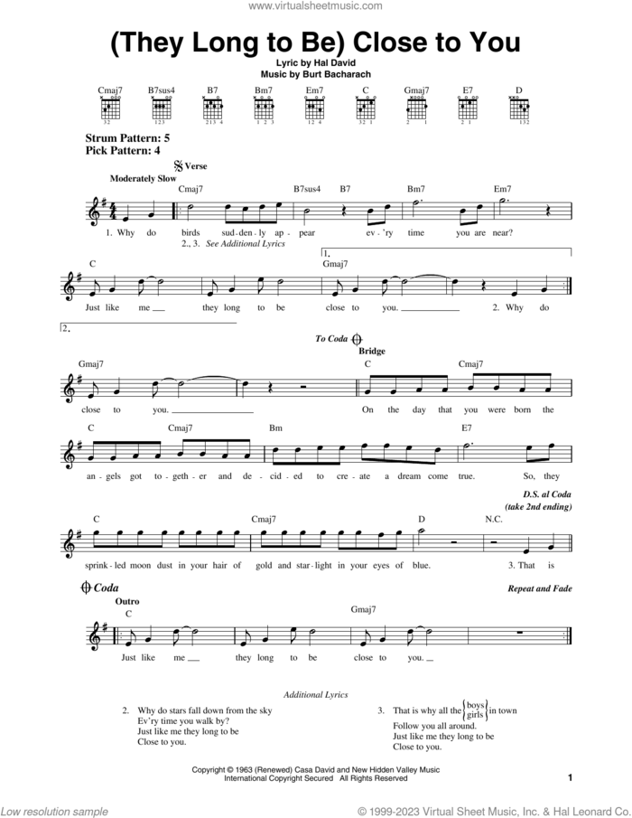(They Long To Be) Close To You sheet music for guitar solo (chords) by Carpenters, Burt Bacharach and Hal David, easy guitar (chords)