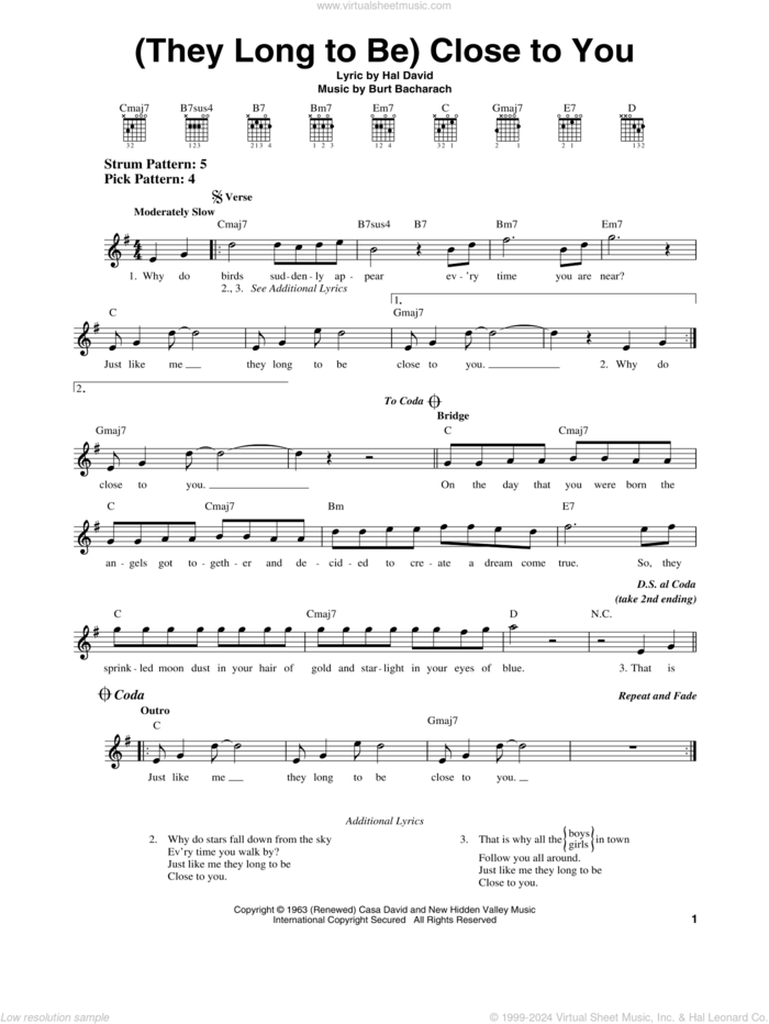 (They Long To Be) Close To You sheet music for guitar solo (chords) by Carpenters, Burt Bacharach and Hal David, easy guitar (chords)