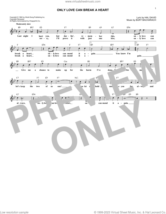 Only Love Can Break A Heart sheet music for voice and other instruments (fake book) by Gene Pitney, Burt Bacharach and Hal David, intermediate skill level