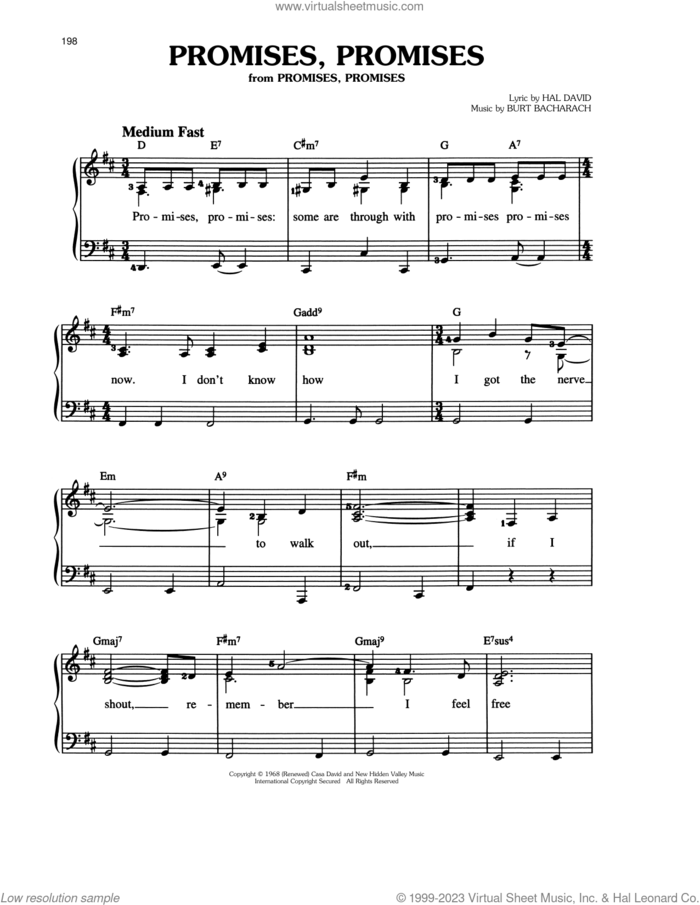 Promises, Promises, (easy) sheet music for piano solo by Bacharach & David, Burt Bacharach and Hal David, easy skill level